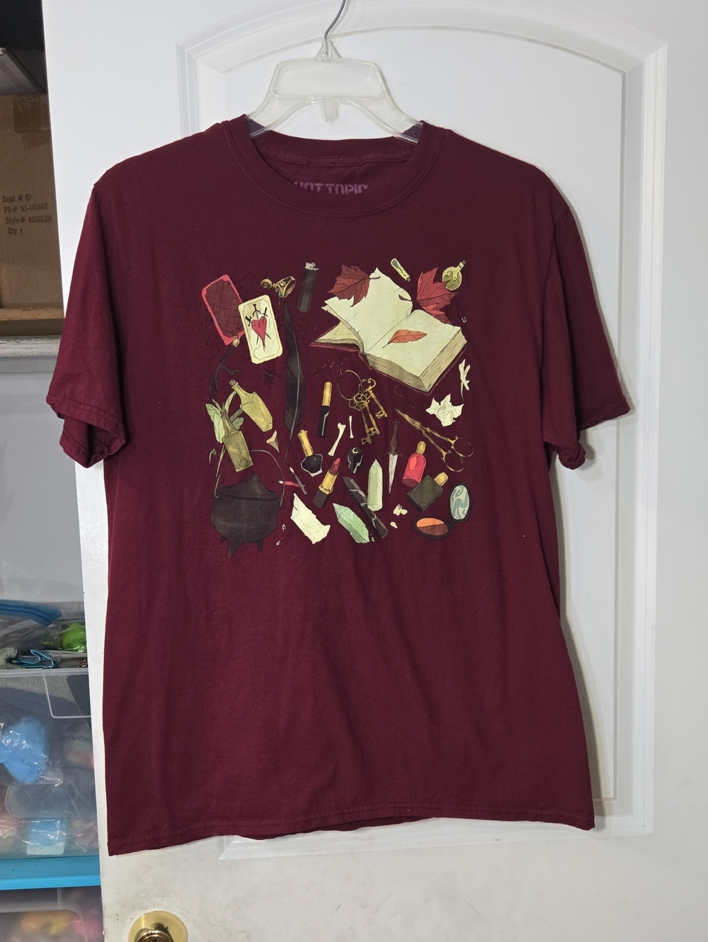 Hot Topic Burgundy Short Sleeve Graphic Tee with Botanical Spellbook Design